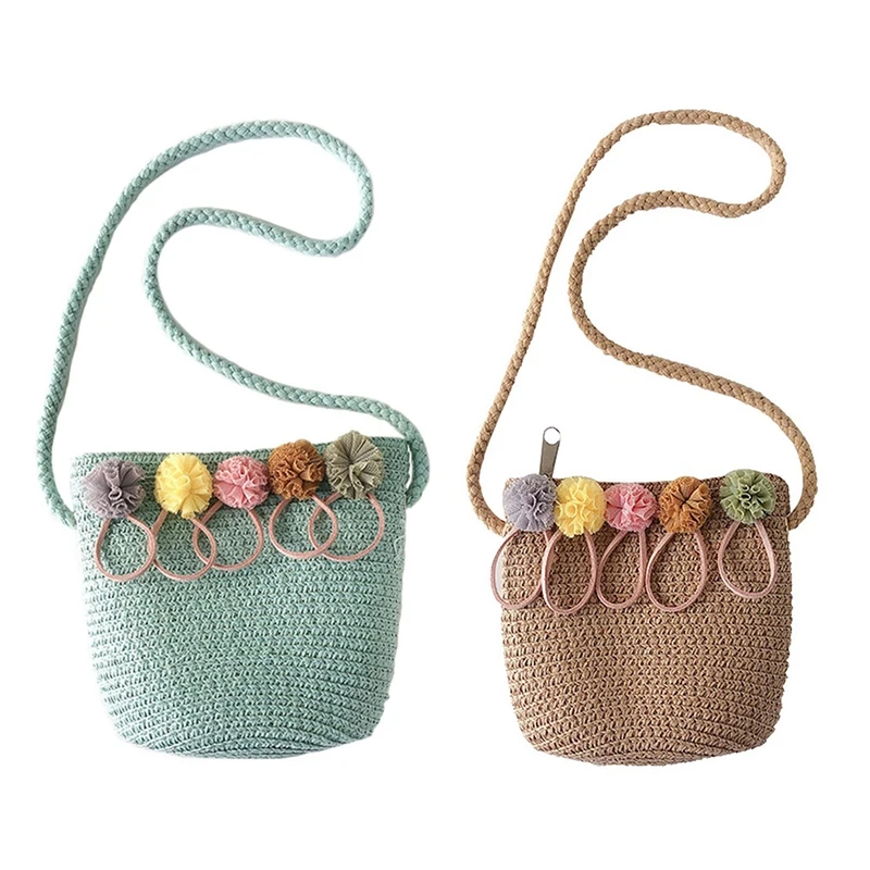 

2 Pcs Girls Shoulder Bag Straw Rattan Weave Crossbody Bag For Baby Girls Best(Green & Khaki)2