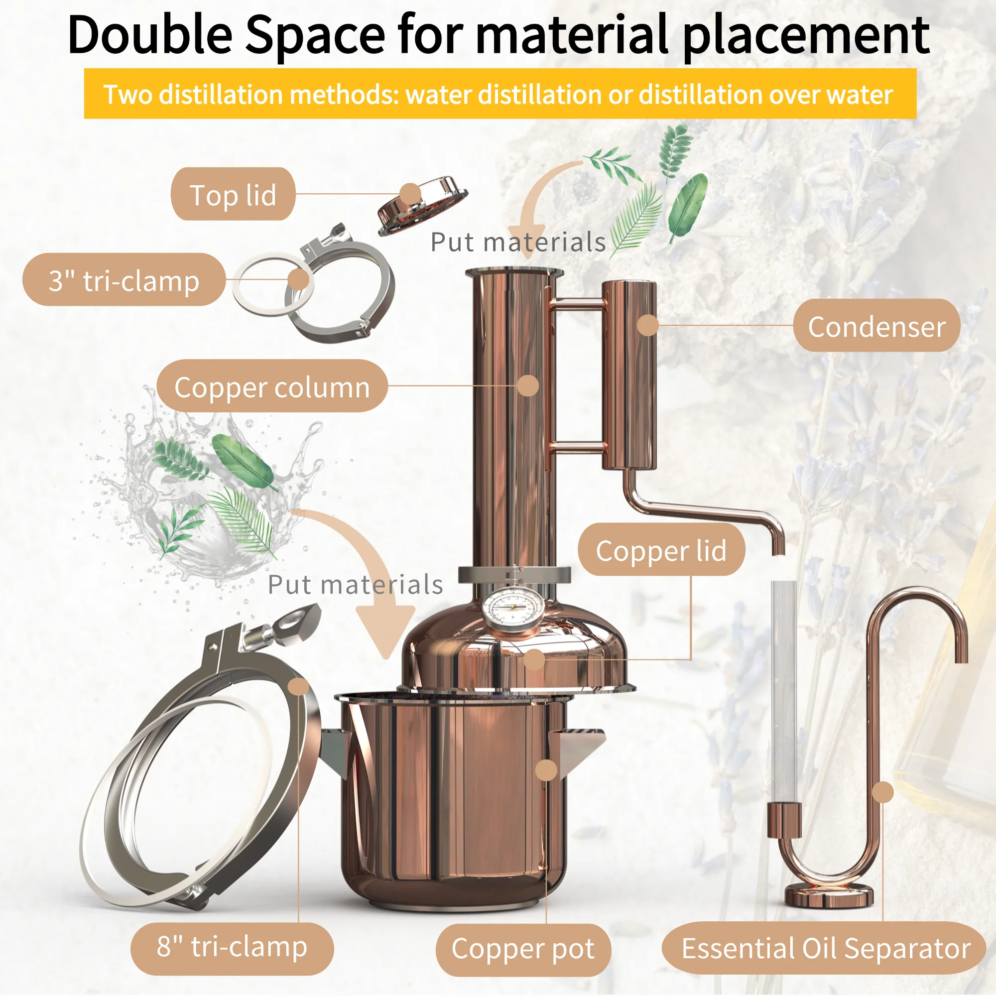 HOOLOO 8L Copper Home Distiller Hydrosol Essential Oil Distillation Kit Home Fragrance Making Equipment Still Water Distiller