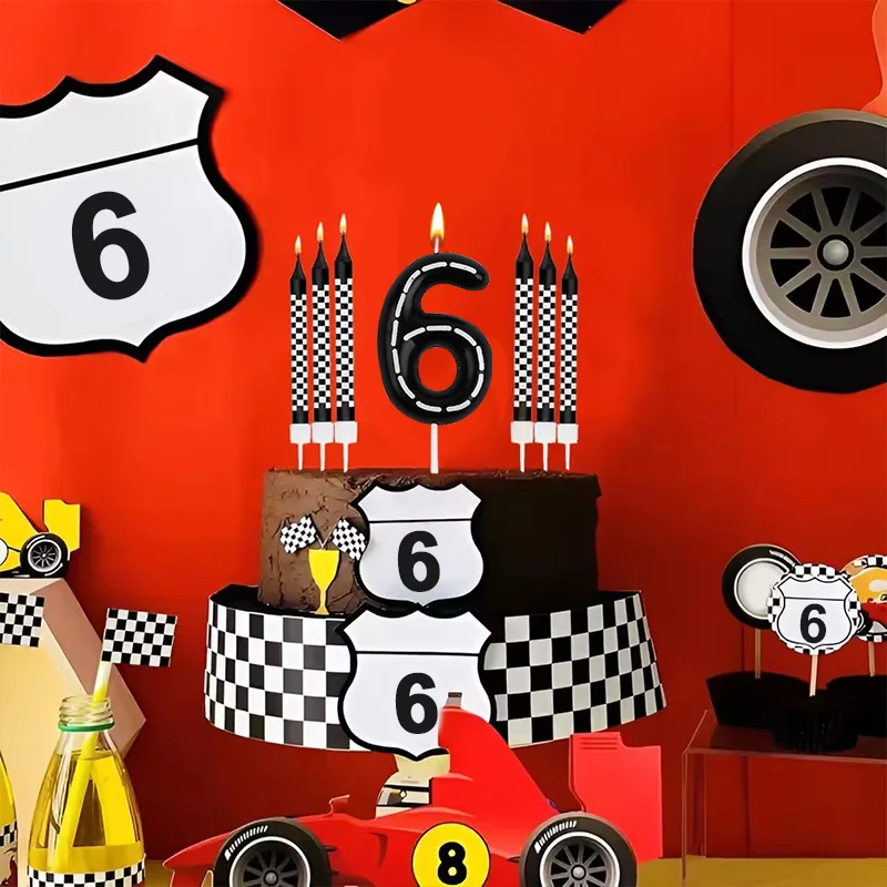 7Pcs Racing Cars Themed Birthday Candles Black White Checkered Number Cake Topper Kids Boys Birthday Party Decoration Supplies