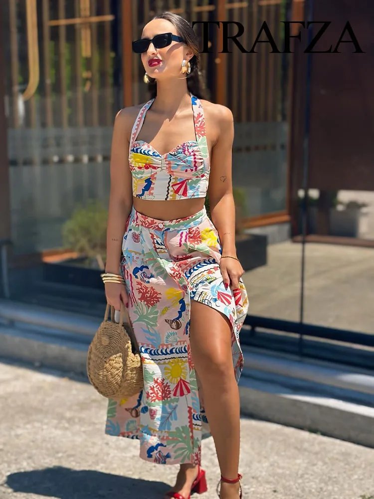 

TRAFZA Women 2 Piece Set Sexy Sleeveless Backless Print Buttons Mini Sling Top+Fashion High Waist Buttons Beach Midi Skirt TRAF