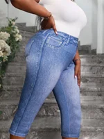 Plus Size Women's Denim Print Capri Leggings Stylish Casual Knit Stretchy Skinny Shorts with Side Button Detail Pattern Pants - Image 3