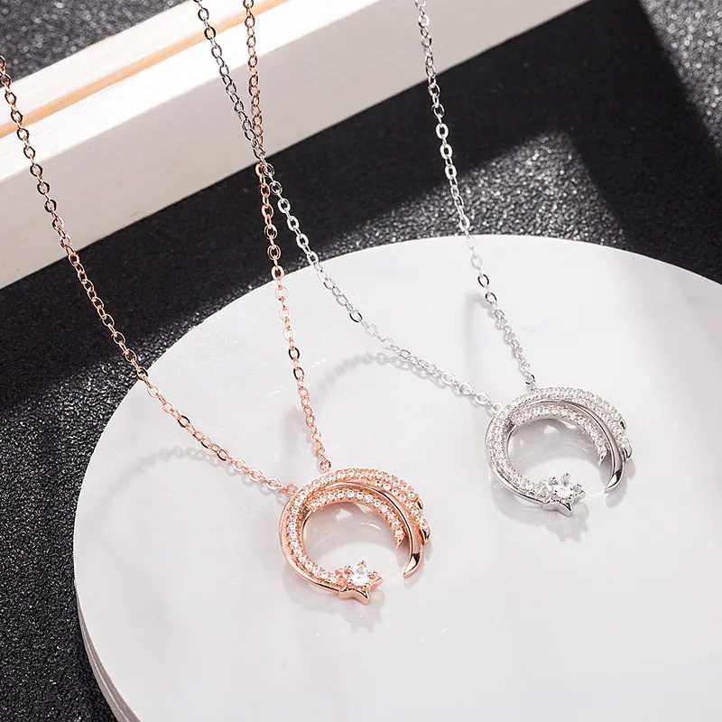 Moon Star Meteor Garden Slip Falling Meteor Micro-Inlaid Necklace For Women for pendant necklace,silver necklace,silver pendant,silver necklace charms