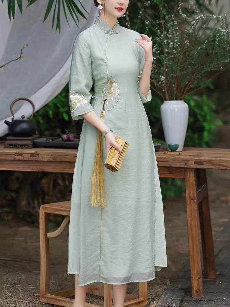 cheongsam a line dress A-Line Cheongsam – Xiang Yun Silk with 3/4 Sleeves