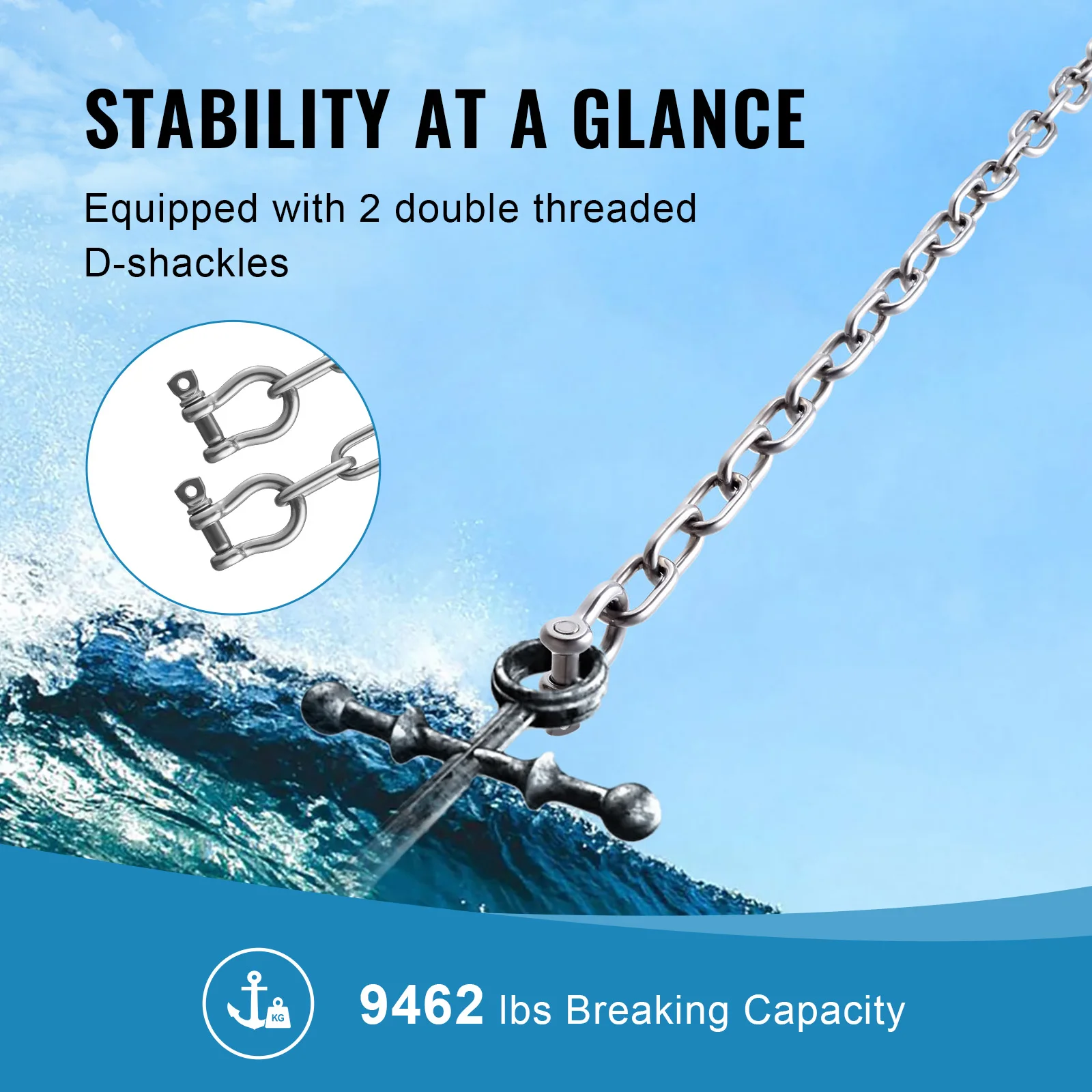 SucceBuy 1700lbs Boat Anchor Chain 316Stainless Steel Marine Grade Anchor Lead Chain with Dual Lock Ring Shackles for Boats Deck