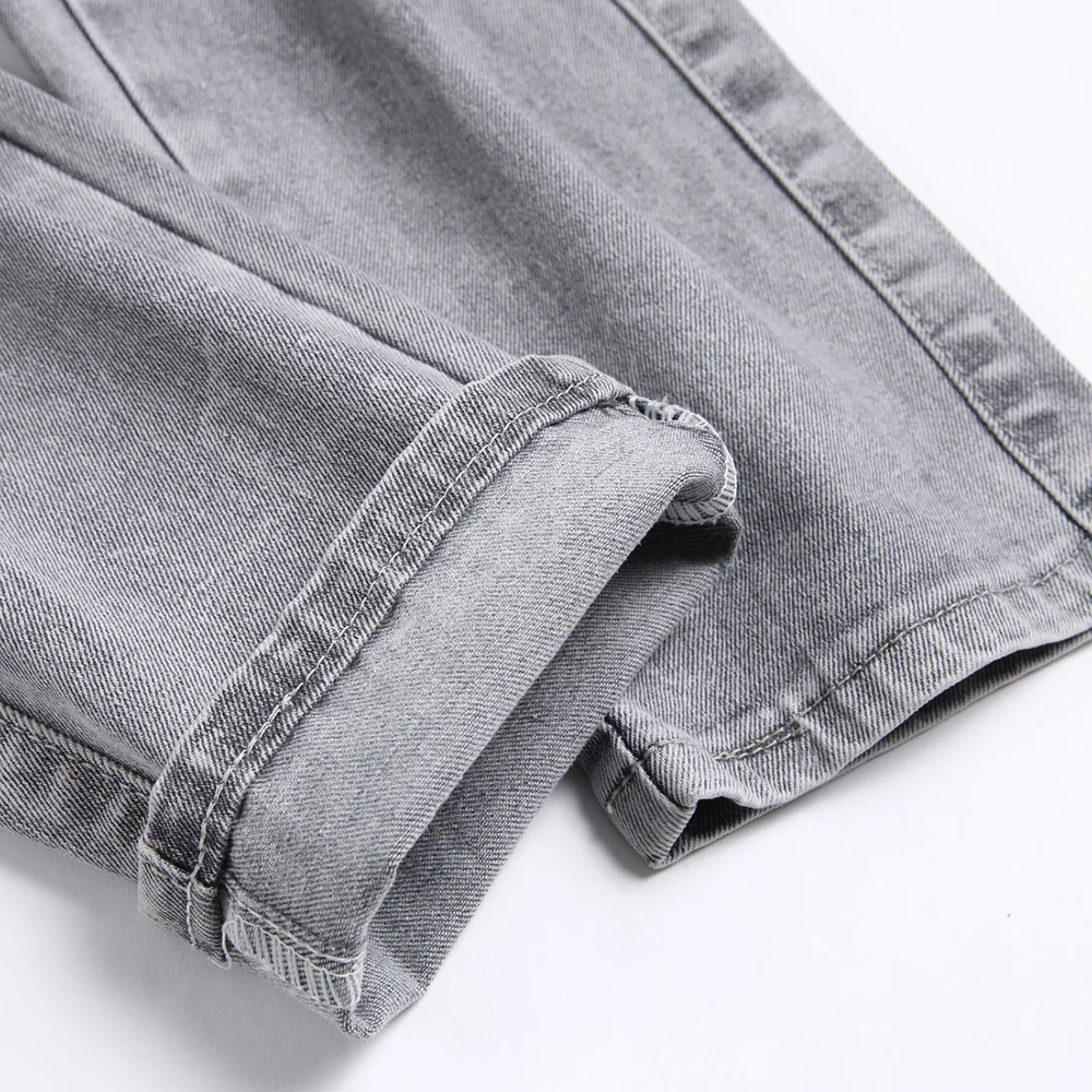 Men Snake Embroidery Gray Denim Jeans Streetwear Holes Ripped Distressed Stretch Pants Embroidered Slim Straight Trousers