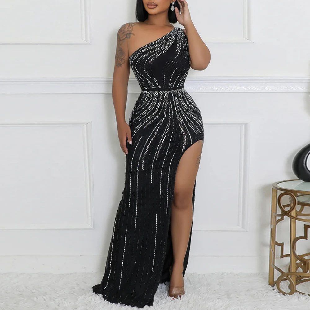 

2024 пикантное облегающее платье с одним открытым плечом и высоким разрезом, модные женские летние длинные платья