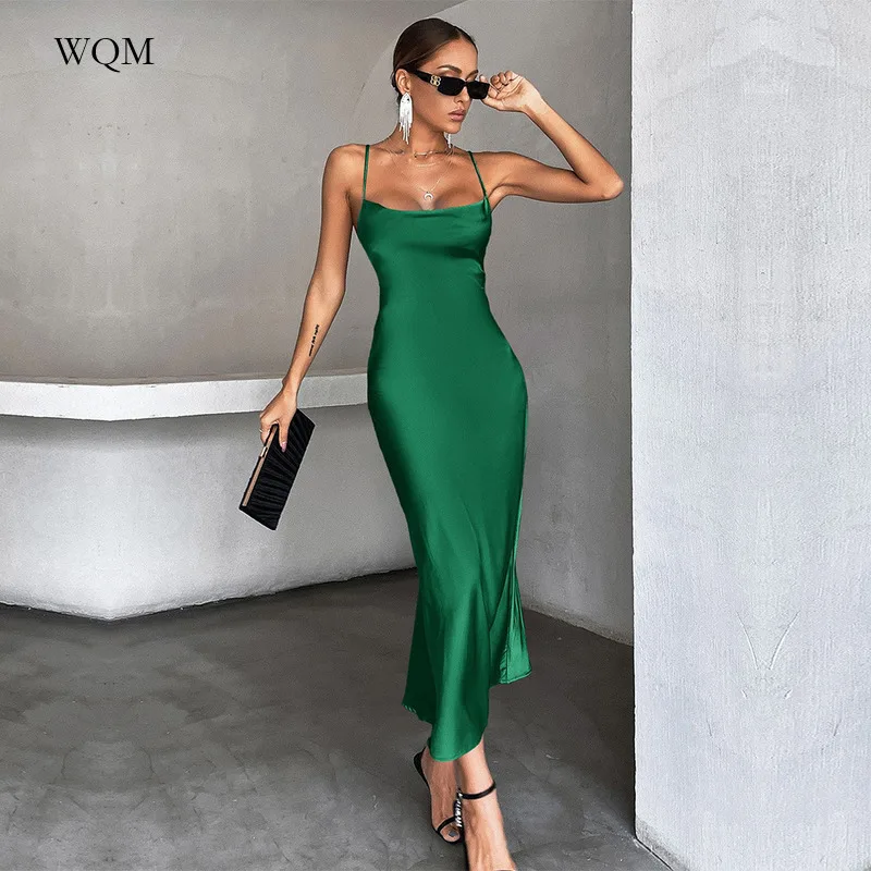 

WQM Women's Solid Color Dress Summer Lace Up Slip Backless Para Club Party Long Sexy Prom Dresses with Favorable Price