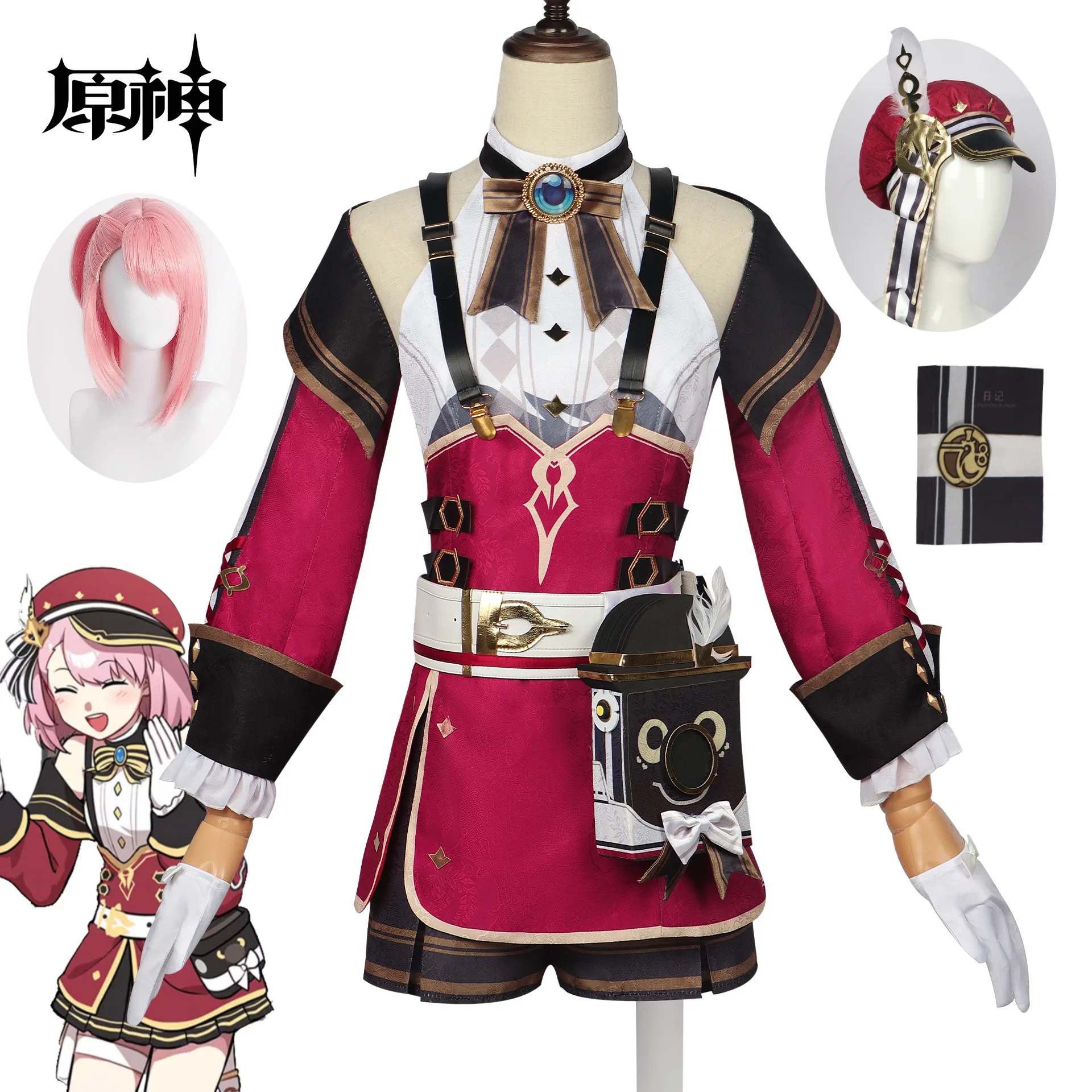

New Genshin Impact Charlotte Cosplay Costume Wig Fontaine Uniform Clothing Girl Anime Cosplay Hat Clothes Halloween Party