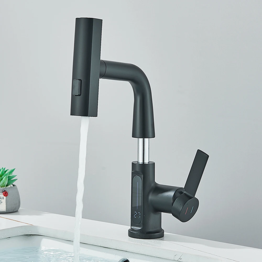 Bathroom Faucet Waterfall Temperature Digital Display Basin Faucet Lift Up Down Stream Sprayer Hot Cold Water Sink Mixer Wash Tap