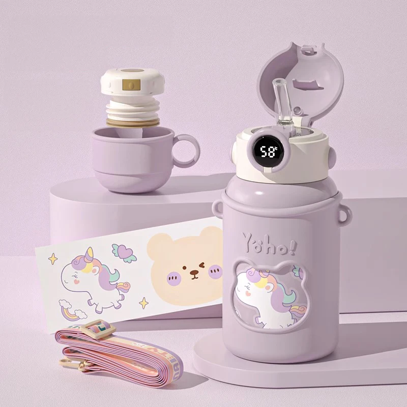 Children's Thermos Cup Cute Thickened Kettle Silicone Sleeve Portable Crossbody Cold Water Cup Stainless Steel Pot Belly