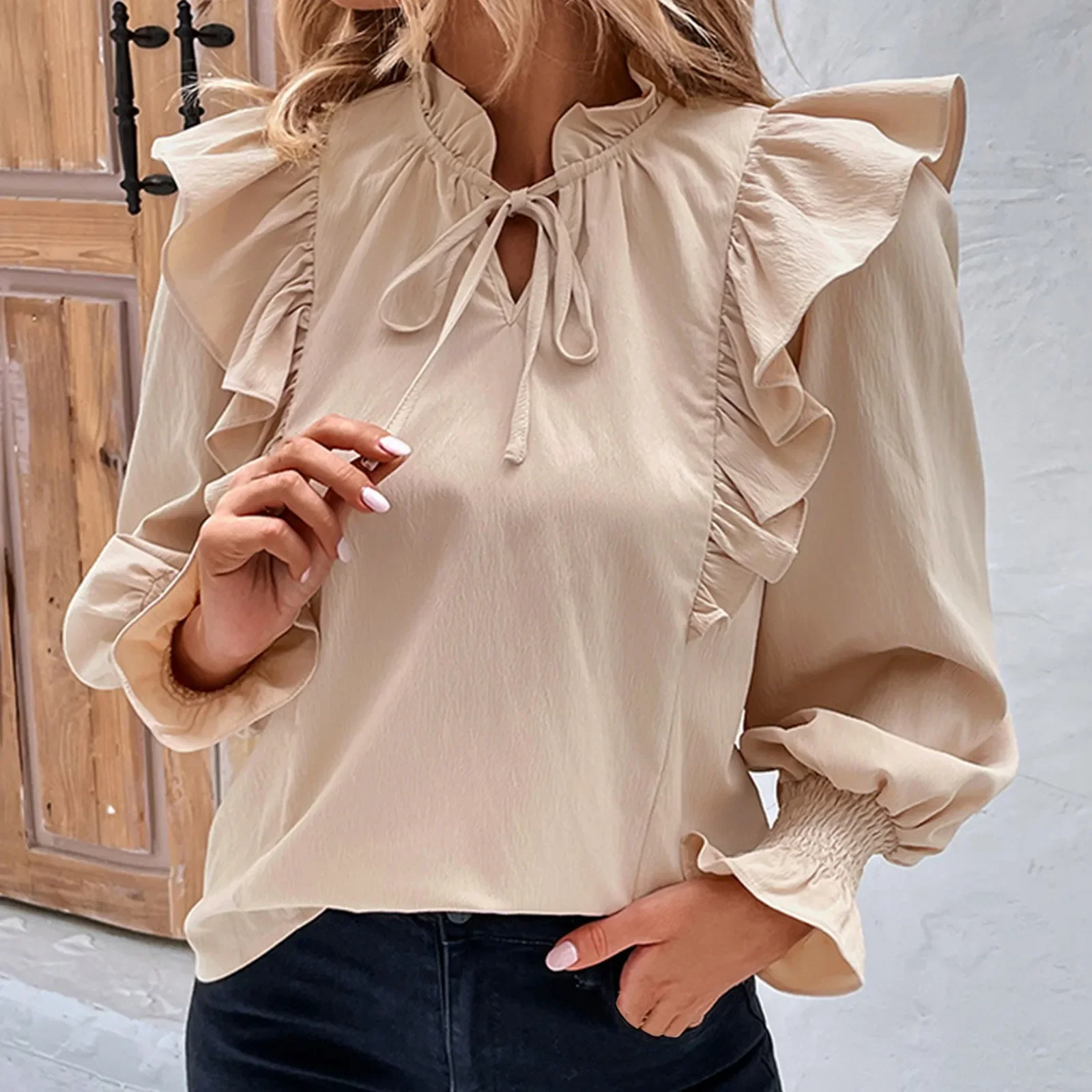 

Women Ruffles Blouse Fashion Solid Tops And Blouses Elegant Lantern Long Sleeve Casual Blusas Top Shirts Blusa Mujer Moda 2023