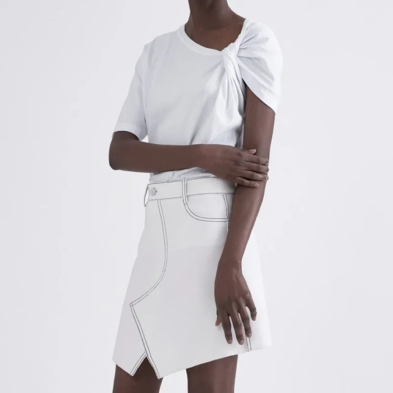 

Spring White T-shirt women fashion round neck cotton twisted asymmetrical short-sleeved top Women