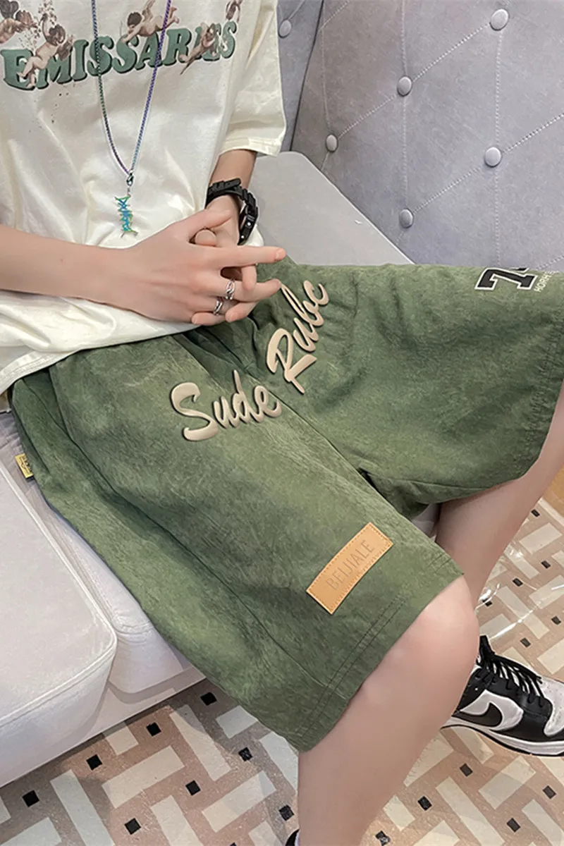 Men Print Letter Design Knee Length Shorts Summer Elastic Waist Amy Green Dance Shorts Loose Hip Hop Punk Plus Size Large Shorts