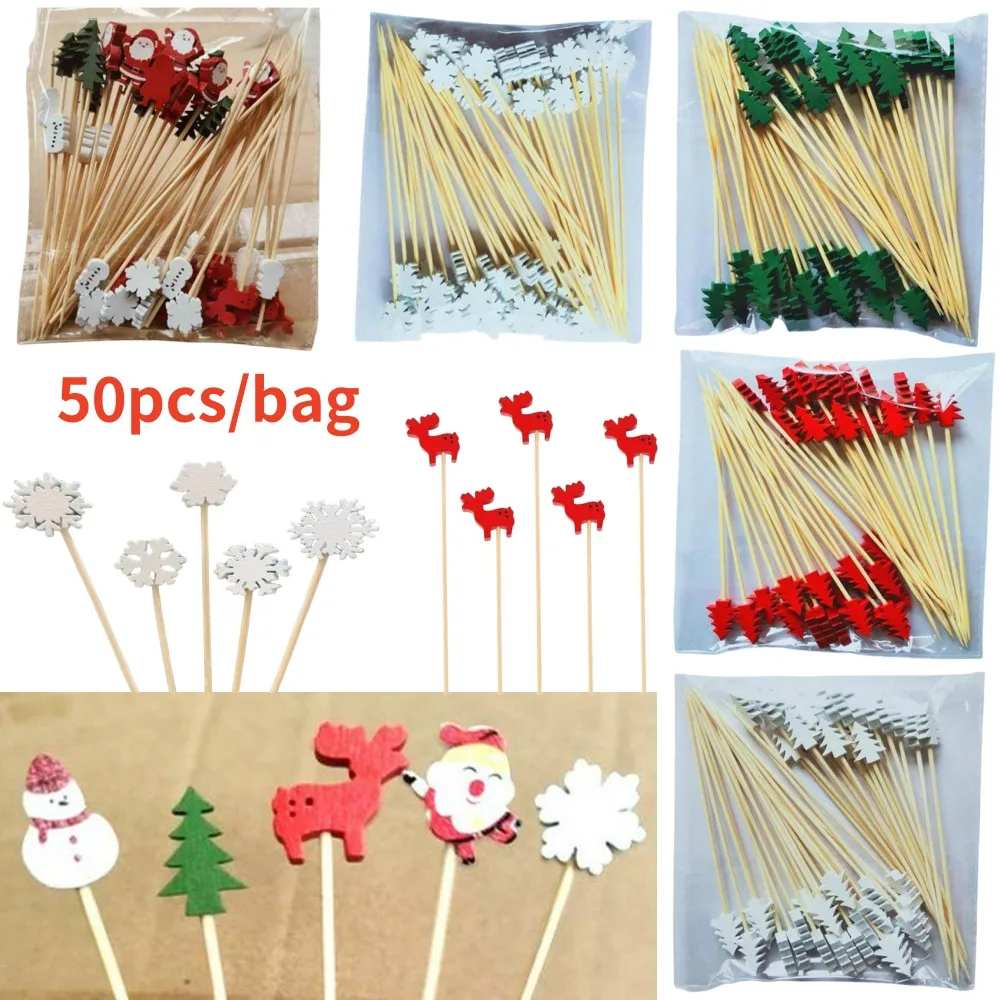 50PCS Christmas Decorations Bamboo Skewer Cocktail Picks Cupcake Topper