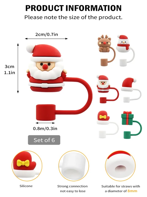 Leeseph 6Pcs Christmas Straw Cover Silicone Straw Cover Topper Compatible  with 8mm Straw Tumbler Straw Tip