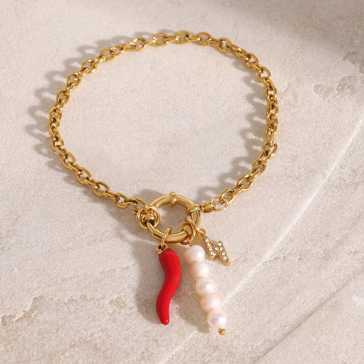 Charm Red Chili Peppe Pendant Chain Bracelet for Women Non Tarnish Stainless Steel Pearl Lightning Charms Bracelets Hand Jewelry