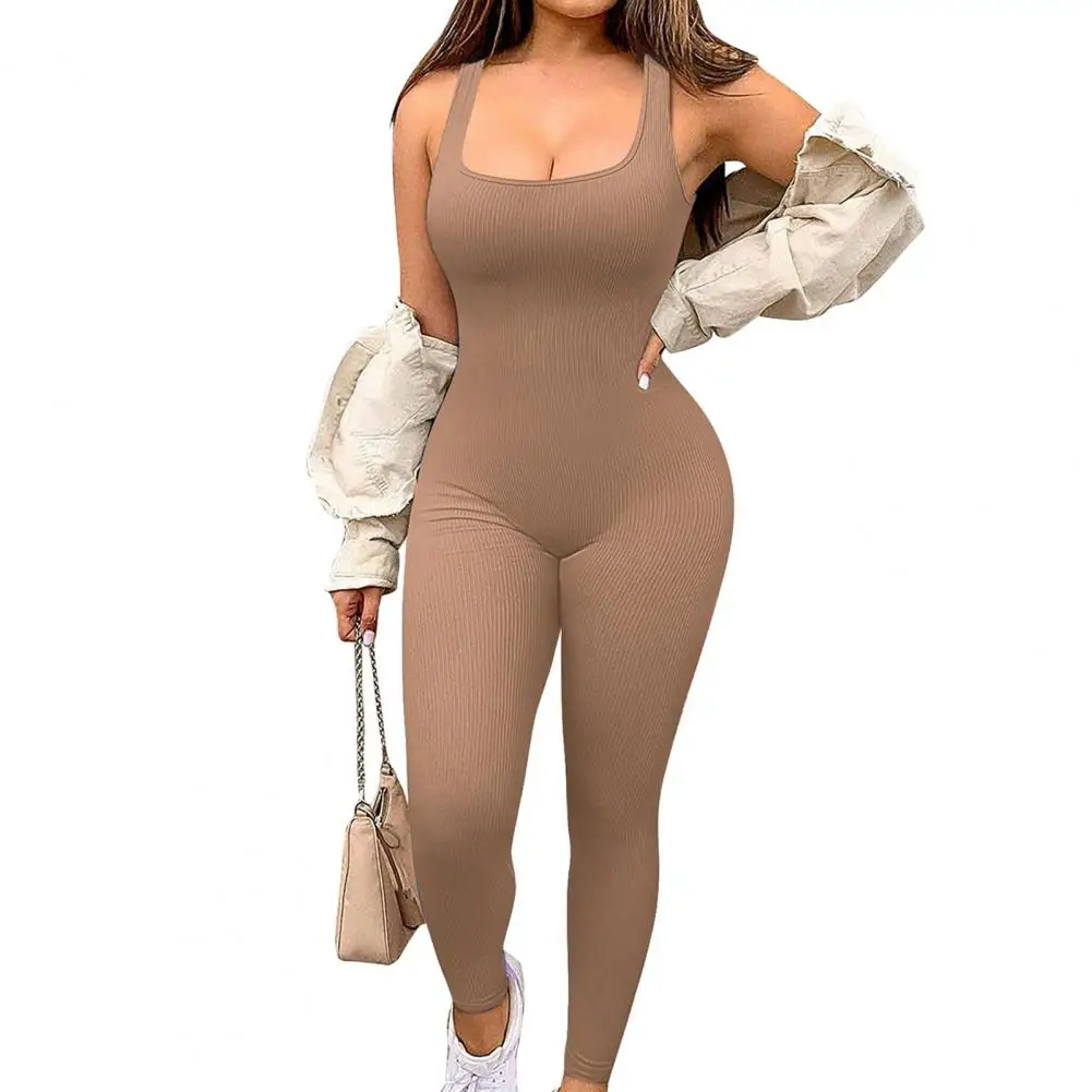 Women Jumpsuit High Elasticity Slim Fit Summer Jumpsuits Butt-lifted Sport Yoga Playsuit with Square Neck Spaghetti Strap