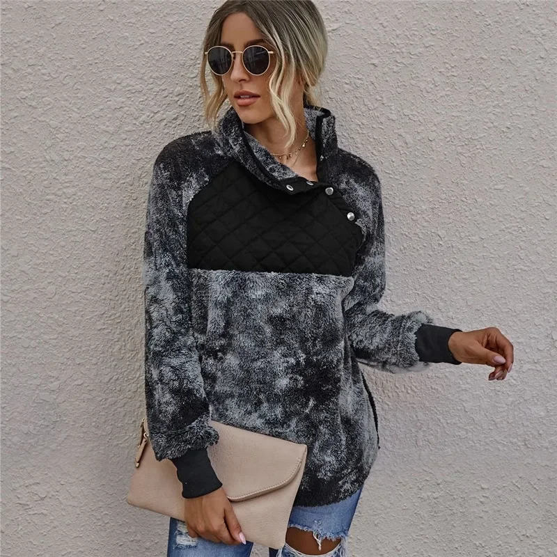 

Ladies Winter Tie-Dye Lapel Sweater Turtleneck Fluffy Pullover Chic Streetwear High Quality Patch Teddy Sweater