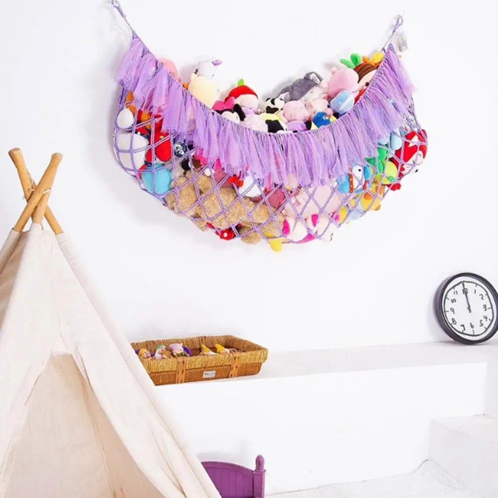Bohemian Style Decor Plush Toy Hammock Capacity Wall-mounted Toy Net Bag with String Light Tassels Design Playroom for Stuffed 4
