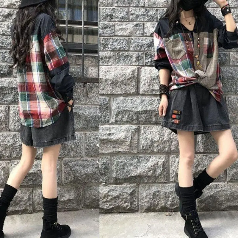 Fashion Plaid Patchwork Blouse Streetwear Women's Clothing Single-breasted Pockets 2023 Spring Autumn Korean Casual Loose Shirt