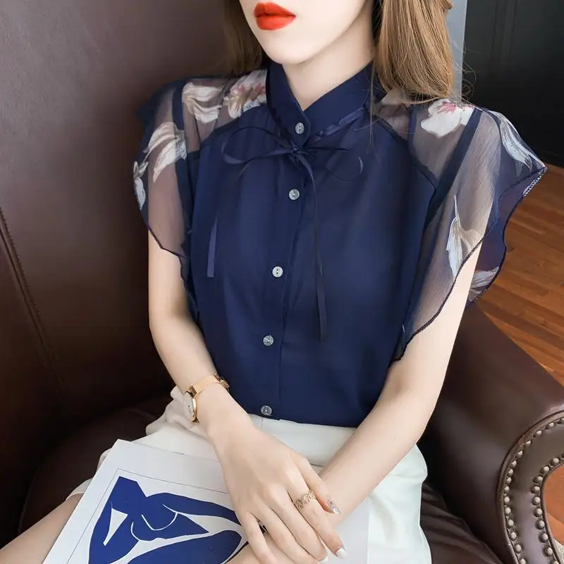 

European station chiffon shirt short -sleeved fashion temperament top women's summer 2023 new foreign shirt summer female tops