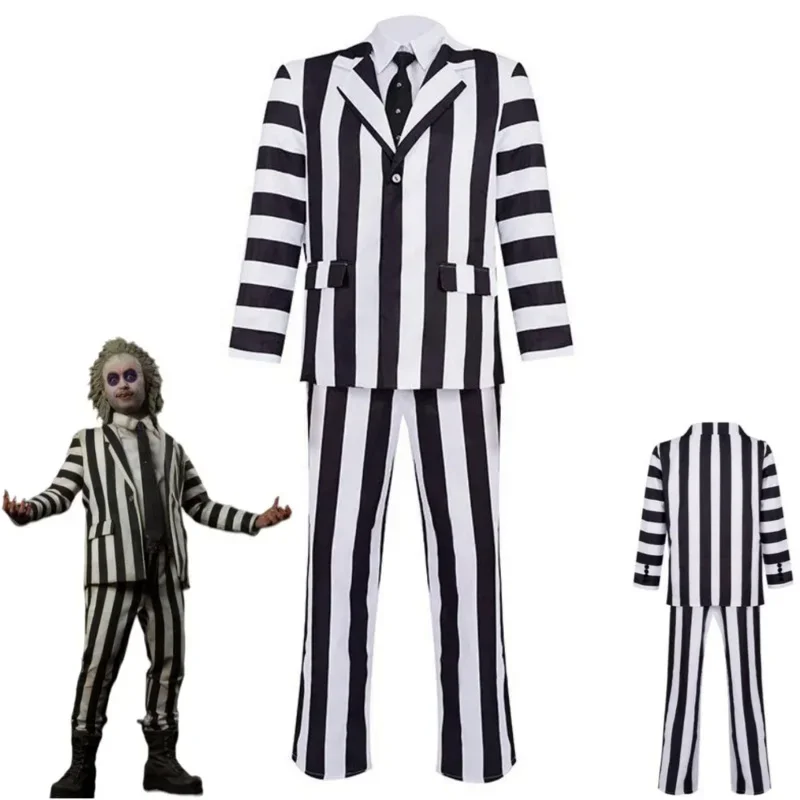 

Movie Beetle Juice Beetlejuice Cosplay Costume Black and White Stripes Uniform Horror Outfit Halloween Carnival Party Suit