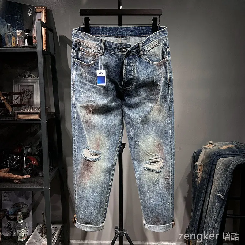 Tide Distressed large size ripped jeans men spring new retro washed slightly loose straight long pants 48 46 jeans for men 44