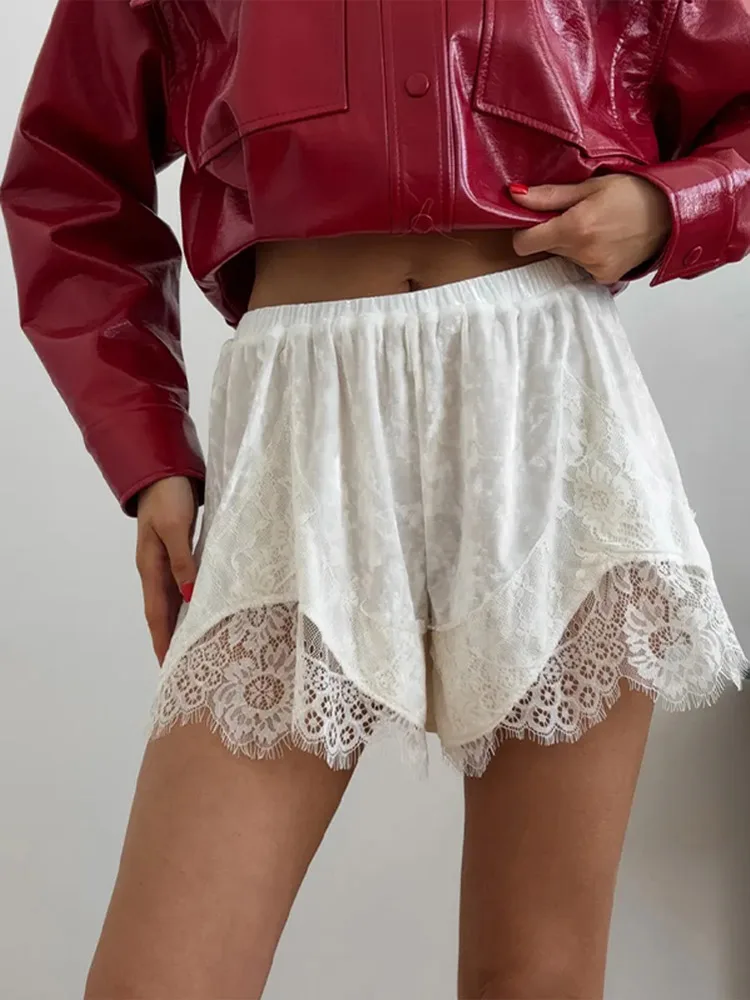 Women's Shorts Velvet Patchwork Lace See Hollow Out Irregular Hem Loose Shorts Charming Female Elastic High Waist Loungewear New
