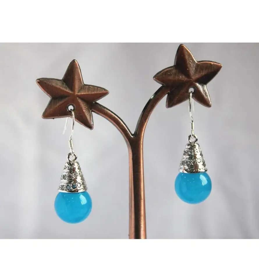 

beautiful lady's Silver Plated 12mm blue jade hook earrings