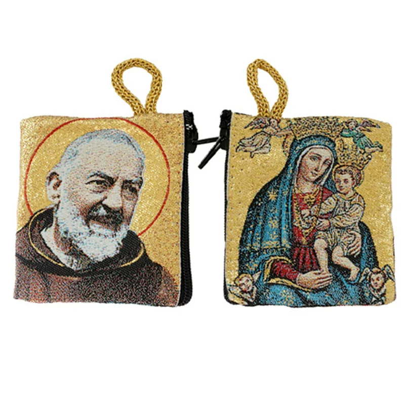Knitted Jacquard Rosary Pouch Padre Pio Our Lady of Perpetual Help Catholic Image Icon Prayer Bag Religious Jewelry Storage Box