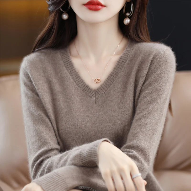 Cashmere Sweater Women's Knitted Sweaters Wool V-Neck Long Sleeve