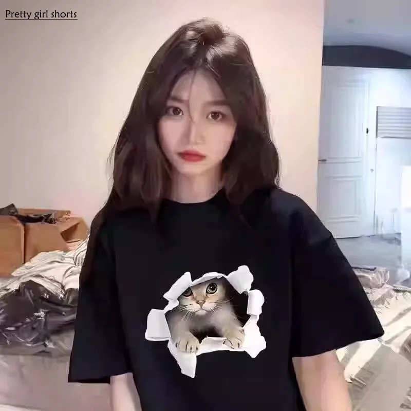 

Cute Kitten Printed Short Sleeved T-shirt Women Spring/Summer 2024 White Niche Design Loose Round Neck Top Trend female shirt