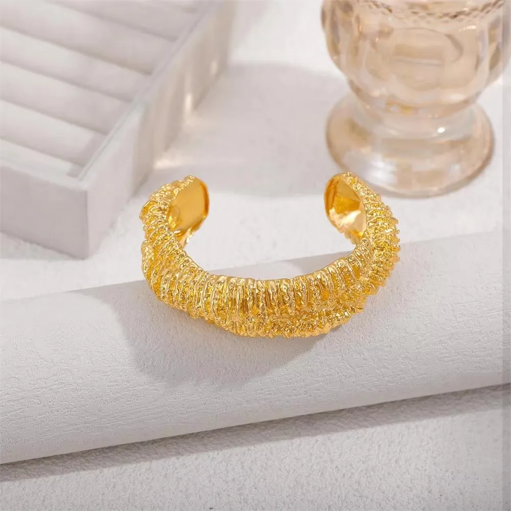 Exaggerate Stainless Steel Lava Textured Bangle Opening Multi-layer Metal Thick Open Bracelet 18K Gold Plated Femal Punk Jewelry