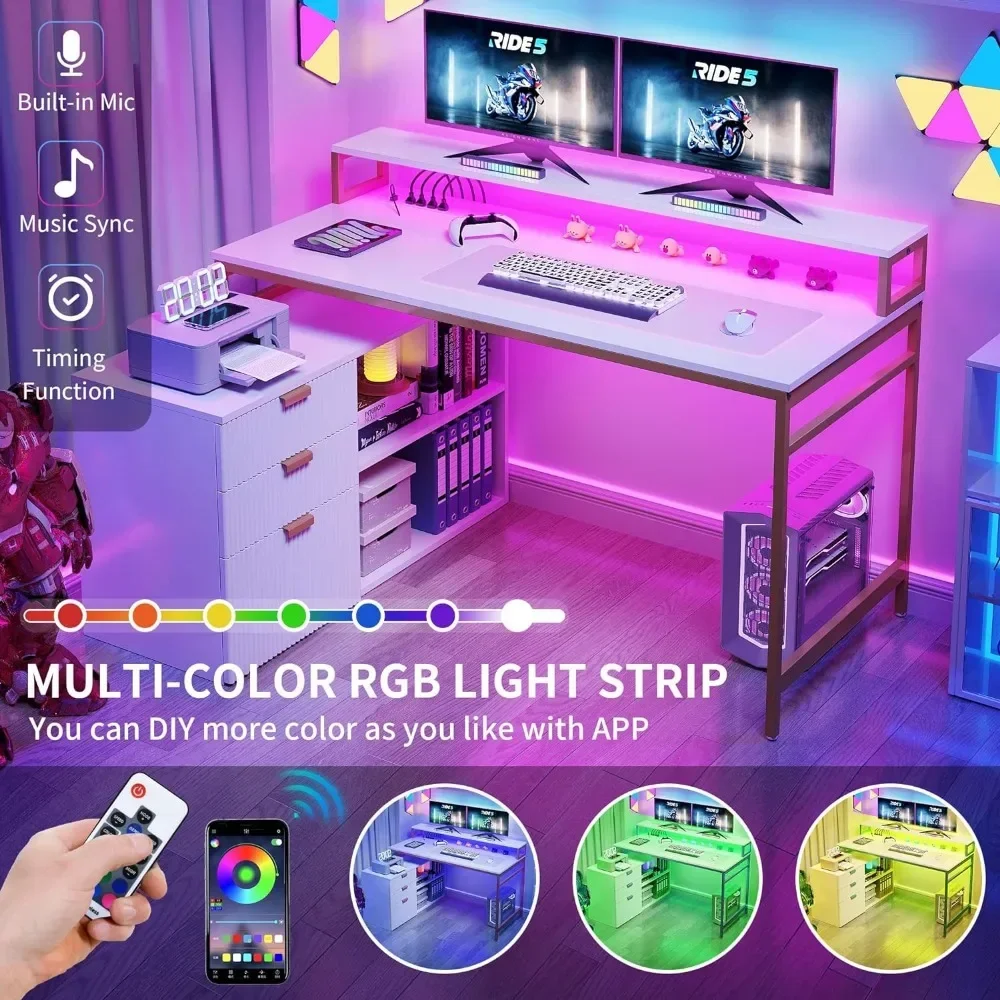 Computer Desks, with File Cabinet & Power Outlets, 55" Computer Desk with Drawers, Corner Desk Office Desk with LED Light 4