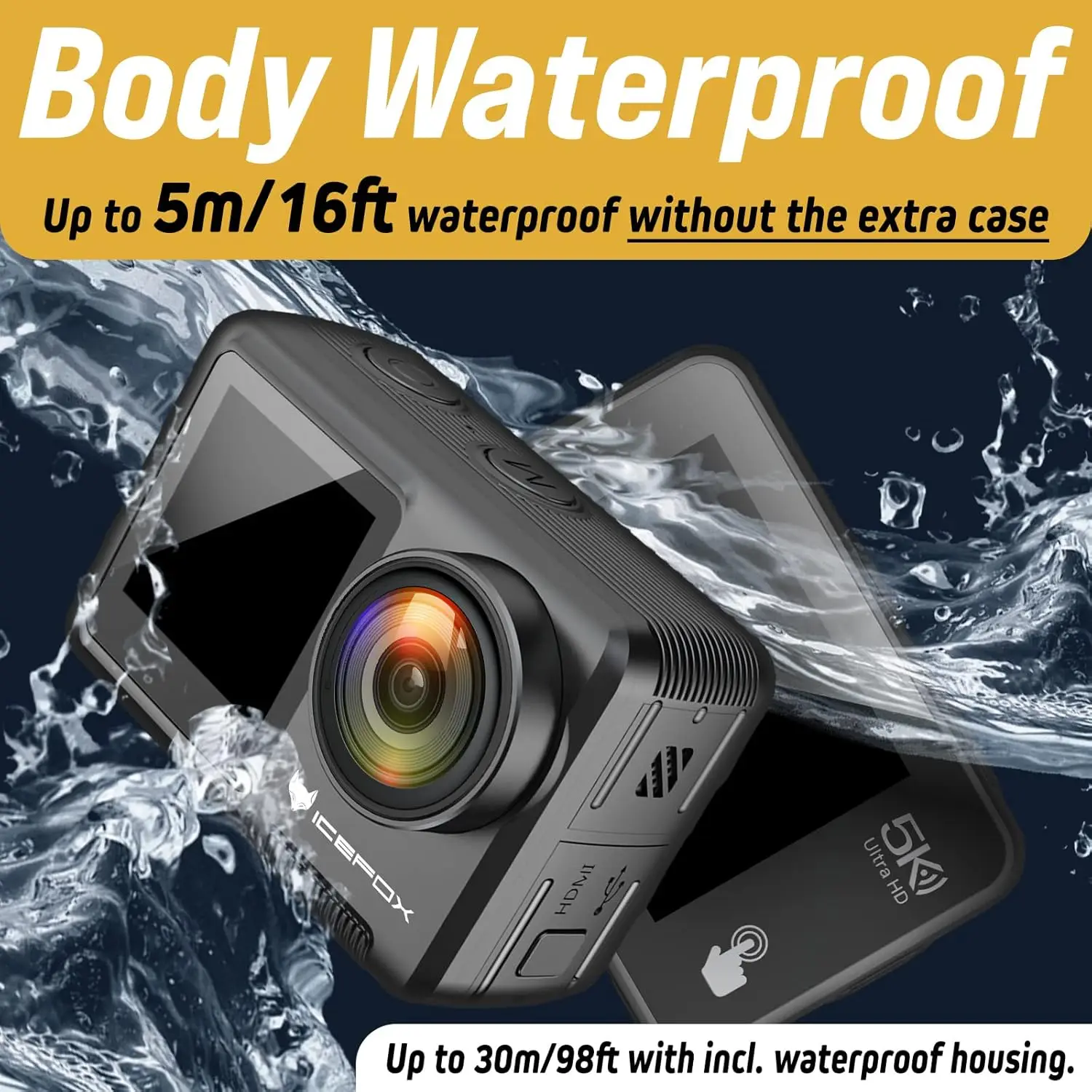 Action Camera 5K 30FPS 20MP with Touch Screen, 98FT Waterproof Underwater Camera, EIS 4X Zoom Adjustable View Angle Remote Contr