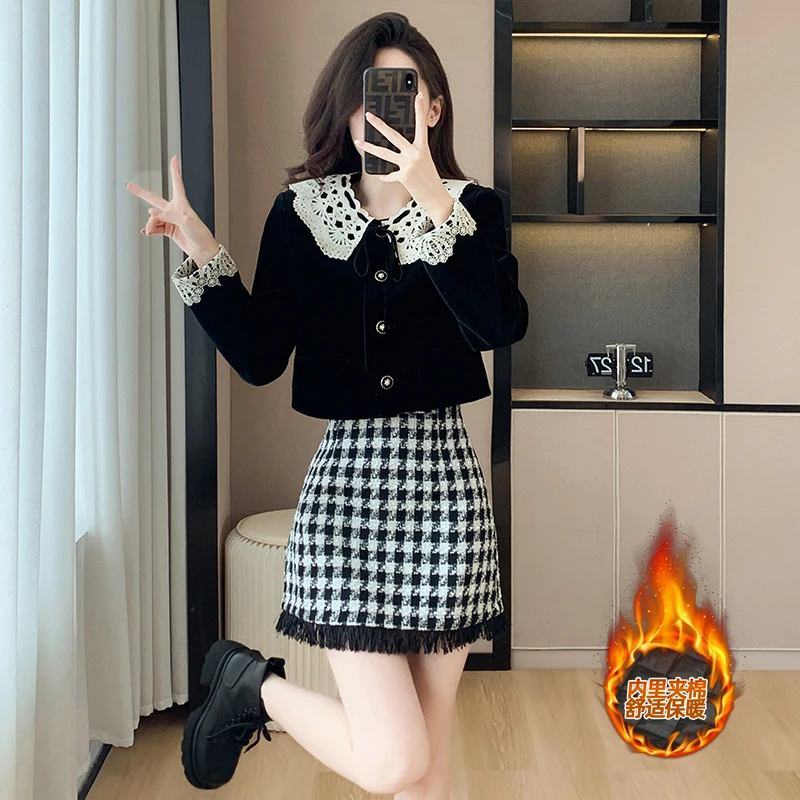 

Autumn Winter Women Elegant Skirt Suits Sweet Lace Peter pan Collar Short Jacket And Houndstooth Tassel Mini Skirt Two Piece Set