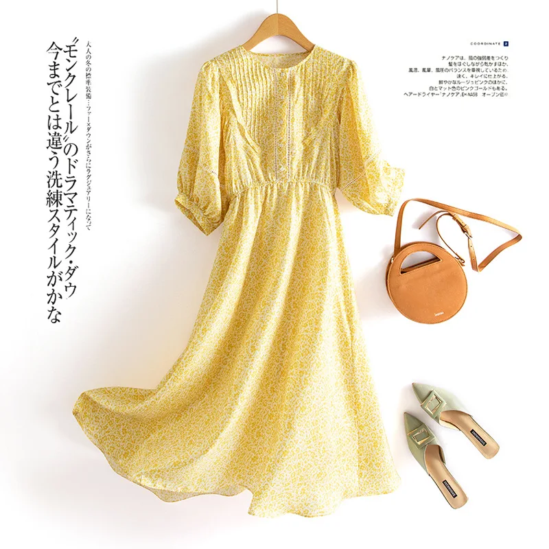 

Birdsky, 1PC Women dress O neck pleats front dresses 100% real mulberry silk yellow print S-490