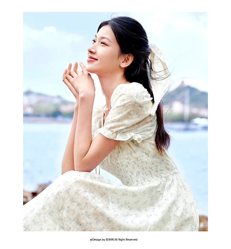 Ruffled Hem Chiffon Mini Skirt Women Floral Print Short Dress New Square Neck Waist-drawing Romantic Dress