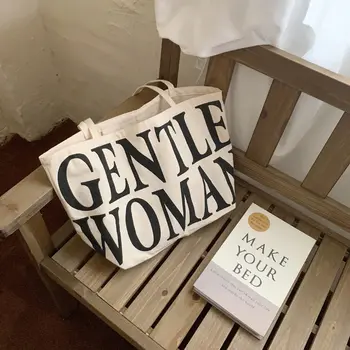 심플한 레터 캔버스 가방 여성용, 싱글 숄더, 문학 대용량 학생 수업 및 작업 천 가방