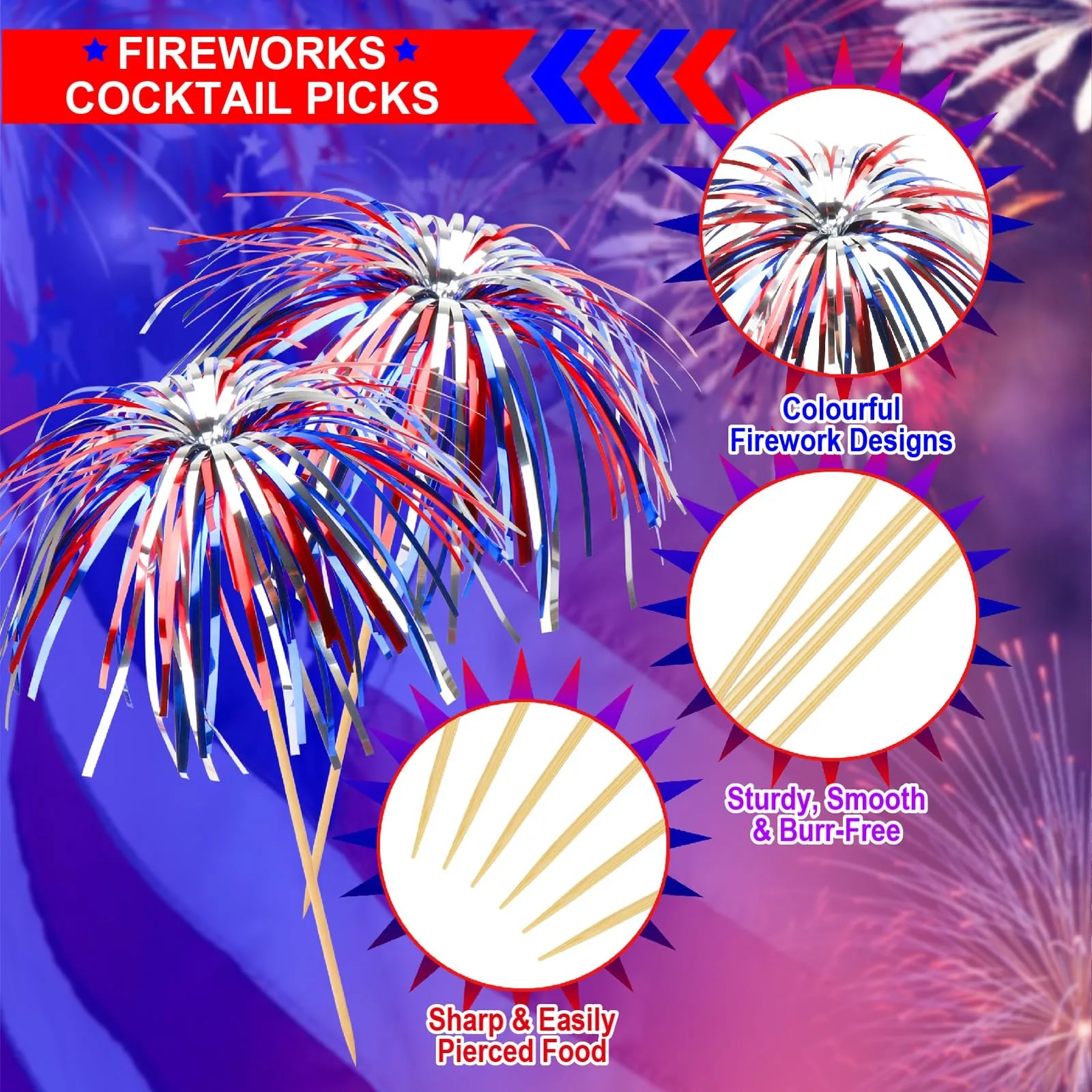 Independence Day Cocktail 4.7 Inch Firework Design Red White and Blue Firework Picks party Bamboo Toothpick Cocktail Sticks