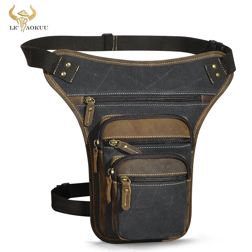 

Hot Sale Canvas + Genuine Leather Design Men Messenger Mochila Bag Organizer Fanny Waist Belt Pack Drop Leg Bag Male 3111