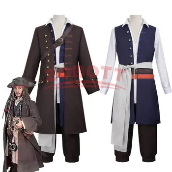 Costume da Capitano Jack Sparrow per Uomo, Uniforme da Pirata, Set Completo per Carnevale dei Caraibi, Outfit Jack Sparrow