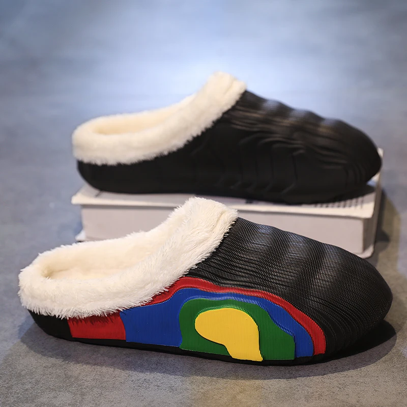 Garden Shoes Men Warm House Shoes Anti-slip Fur Slippers Fuzzy Men Clogs Slippers Winter Fur Men Slippers Waterproof