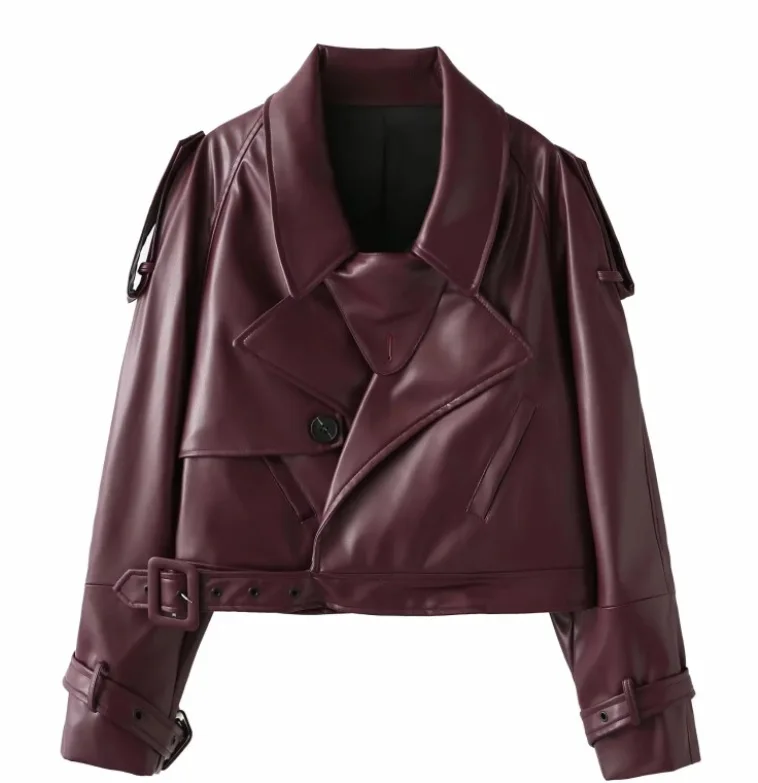Vintage Lapel Leather Biker Jacket Women Bomber Jacket Short Coat Streetwear Zip Long Sleeve Windproof Outerwear Black Wine Red