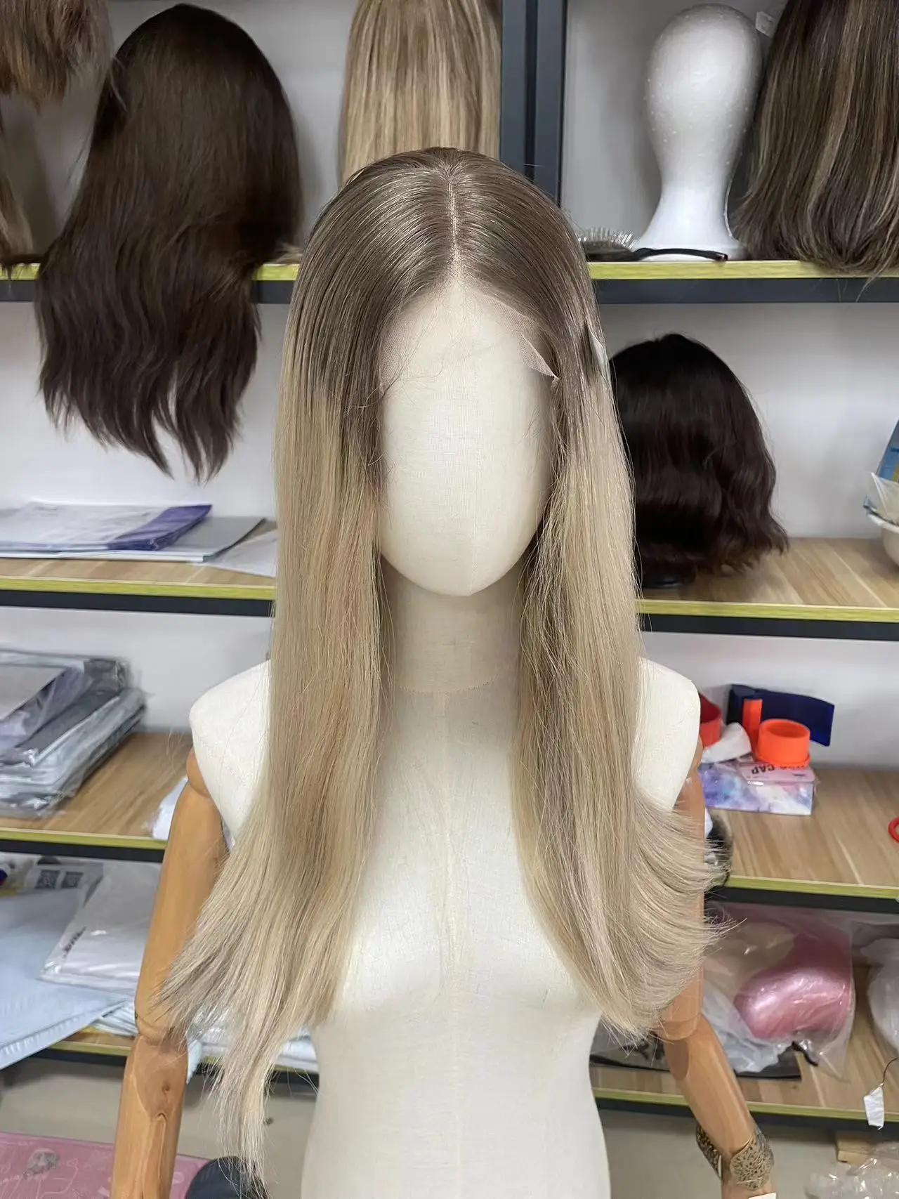 

Yelin #AOM Ombre Ash blonde Jewish Lace Top Wigs European 100% Human Hair Natural Slik and Soft Kosher Fashion Wigs For Beauty