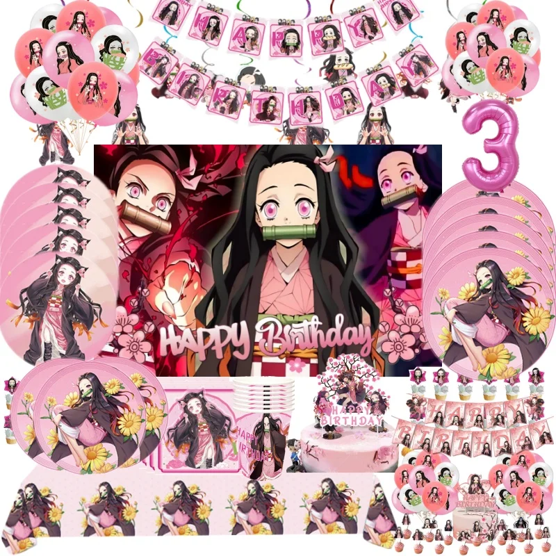 Demon Slayer Theme Party Supplies Paper Cup Plate Tissue Spoon Balloon Baby Shower Girl Birthday Favors