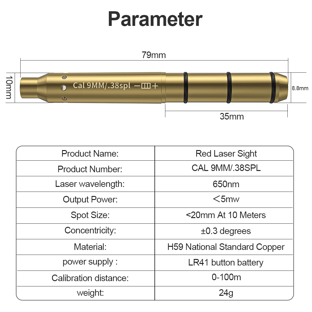 9MM/38SPL Red Laser Boresighter Cartridge Dot Sight Pistol & Rifle Scope Hunting Accessory Training Shoot Sight