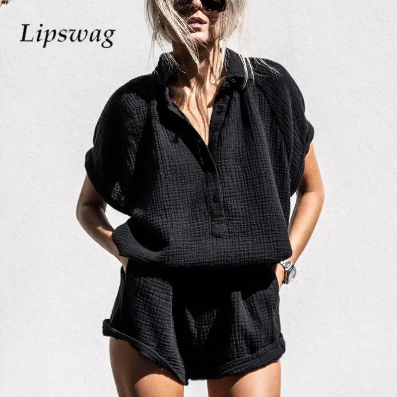 

Женский Повседневный однотонный пуловер с коротким рукавом, комплект из двух предметов, летние женские свободные шорты, комплект с карманами и шортами с эластичной талией, 2024