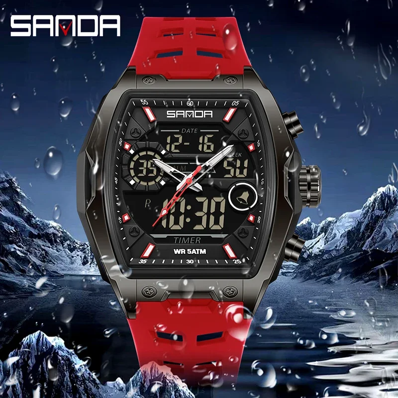 SANDA Men Dual Display Electronic Watch Big Dial Sports LED Analog Digital Chronograph Military Man Wristwatch relogio masculino - 3