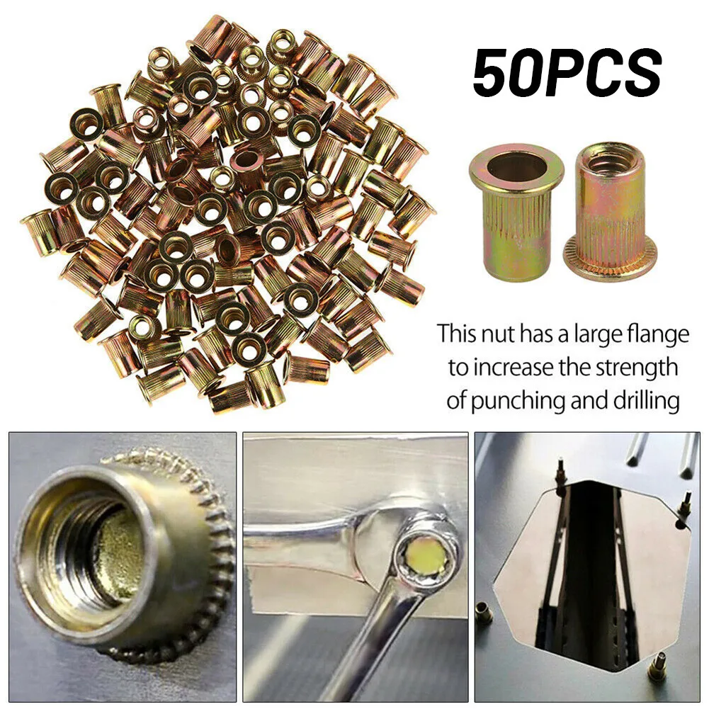 Durable High Quality Practical Useful Rivet Nuts Rivnuts Zinc Plated Flat Head Knurled Body Nut Rivet Nuts 50X m3 100pcs brass hot melt inset nuts heating molding copper thread inserts nut sl type double twill knurled injection brass nut